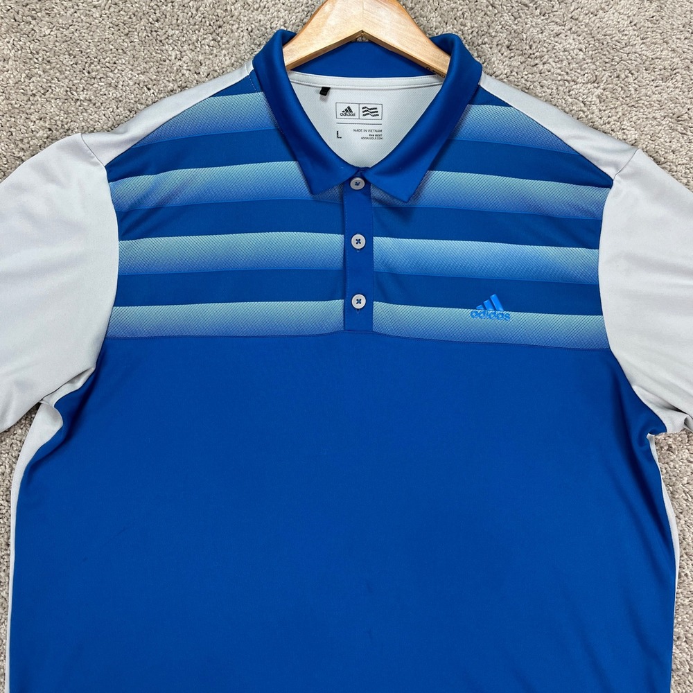 Adidas Polo Shirt Mens Large Blue Gray Striped Colorblock Performance Golf STAIN